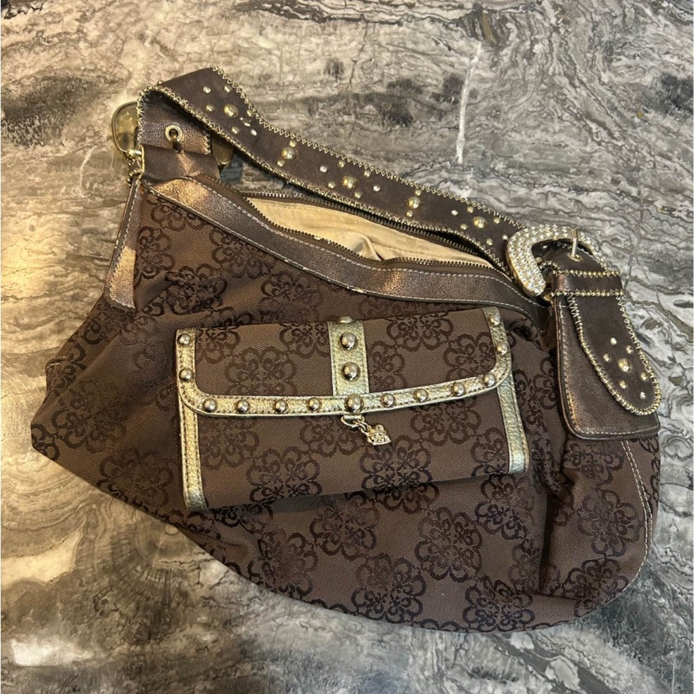 Kathy Van Zeeland Brown Logo-Print Shoulder Bag with Gold Accents